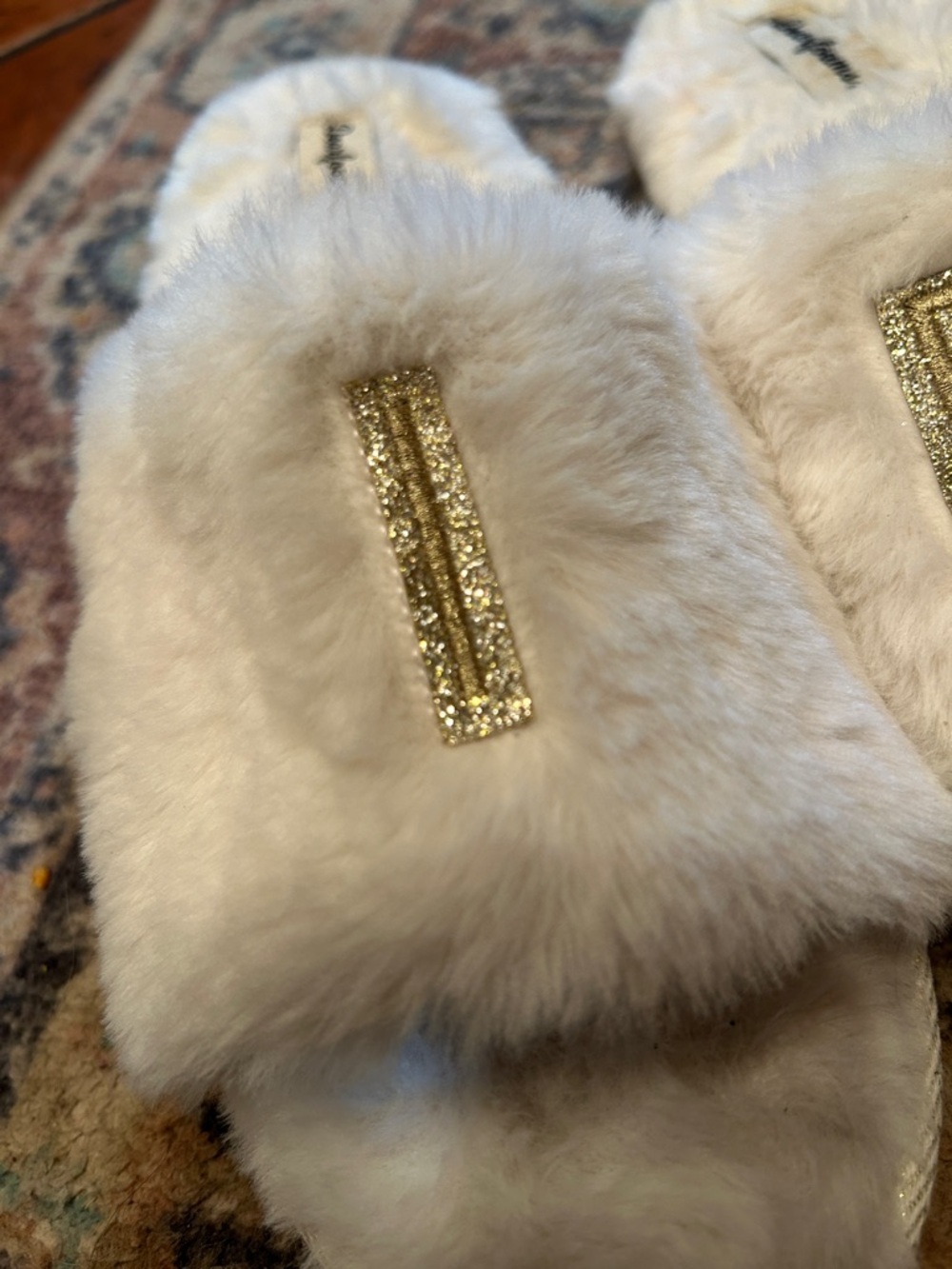 Dearfoams White Furry "I DO" Slippers with Gold Accent - Picture 2 of 9